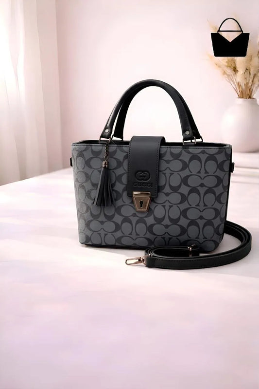 Women's Black Printed Leather Shoulder Bag 6x8"