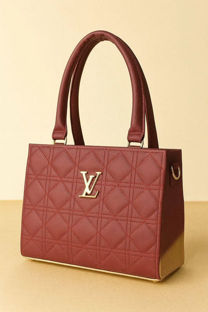 Maroon Quilted PU Handbag for Girls with LV Logo