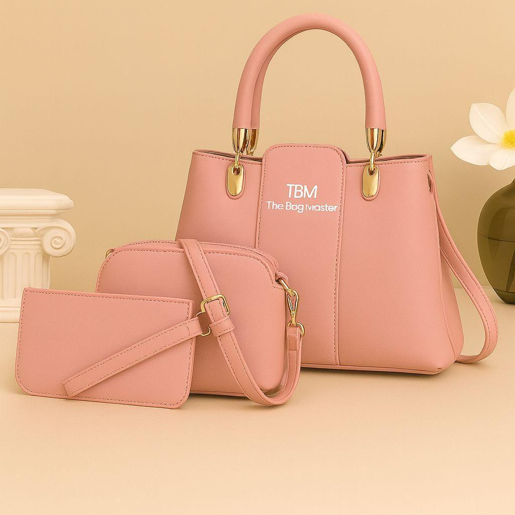 Pink 3-Piece Rexine Handbag Set for Shoulder Bag Women