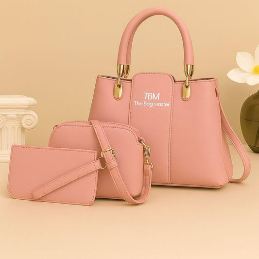 Pink 3-Piece Rexine Handbag Set for Shoulder Bag Women