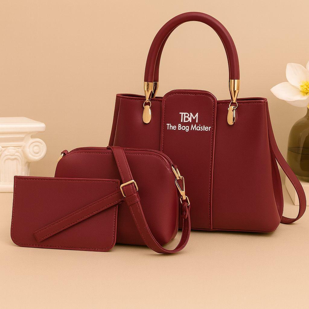 Pink 3-Piece Rexine Handbag Set for Shoulder Bag Women