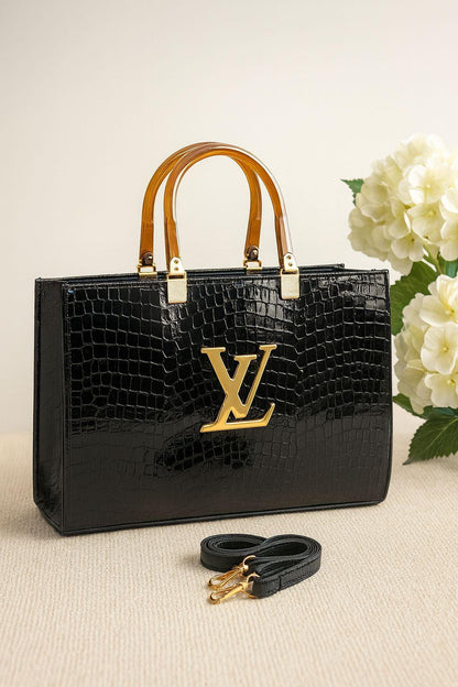 Black Croc Textured LV Tie Bag with Detachable Strap