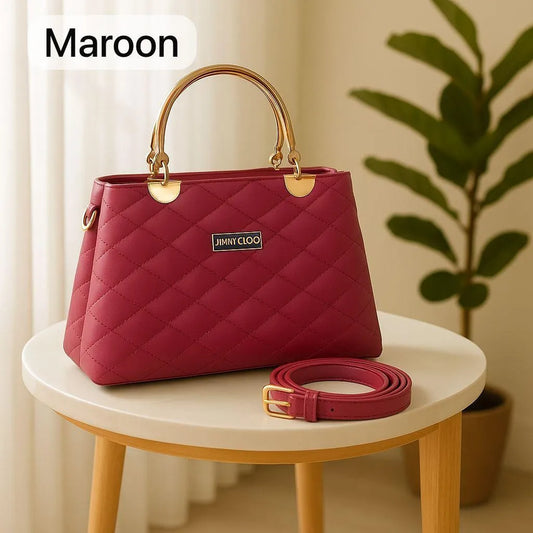 Maroon Quilted Handbag with Detachable Strap for Women
