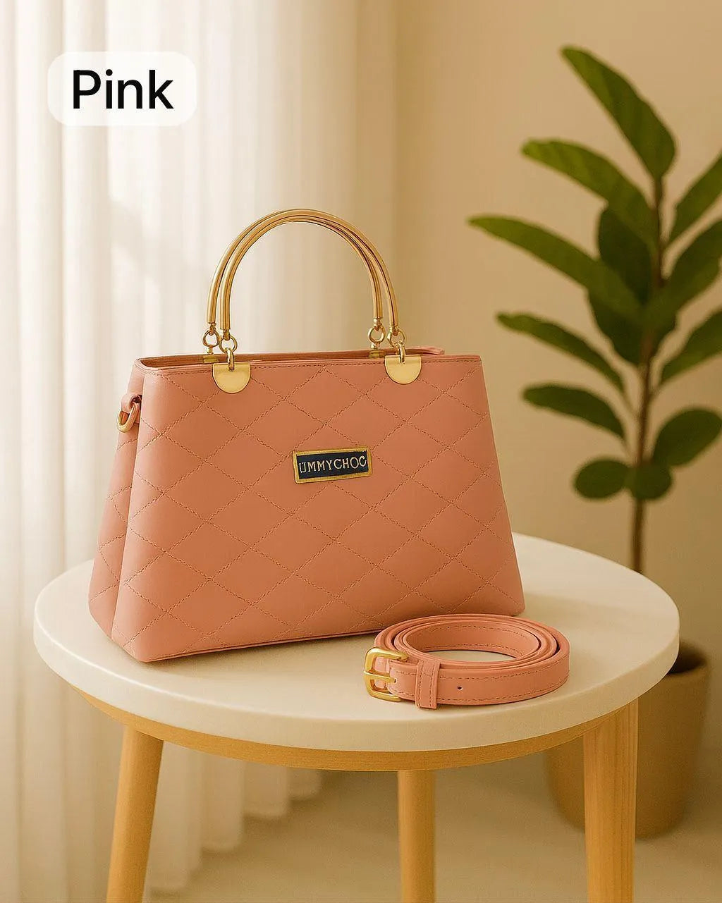 Maroon Quilted Handbag with Detachable Strap for Women