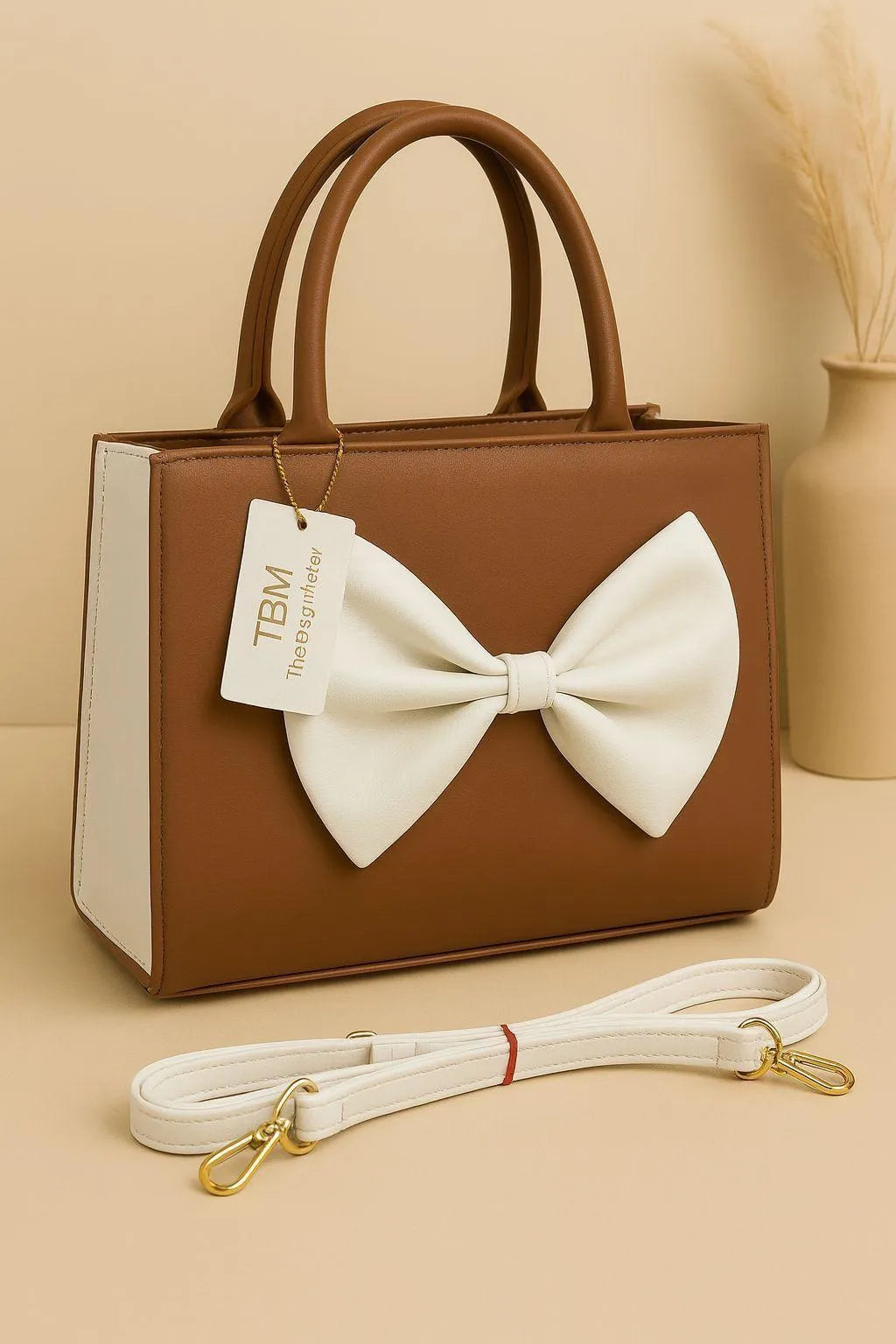 Women's Brown PU Leather Bow Handbag with Strap