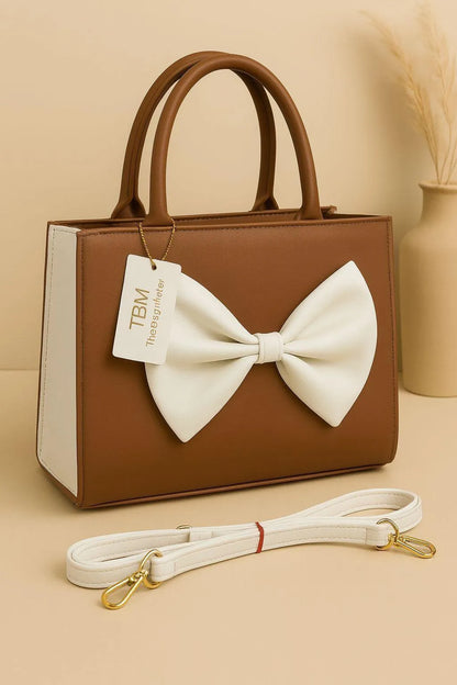 Women's Brown PU Leather Bow Handbag with Strap