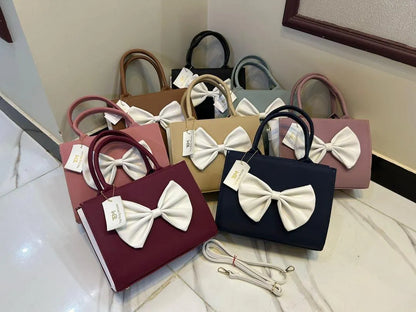 Women's Brown PU Leather Bow Handbag with Strap