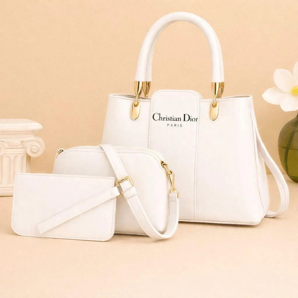 White Leather 3-Piece Handbag Set for Women