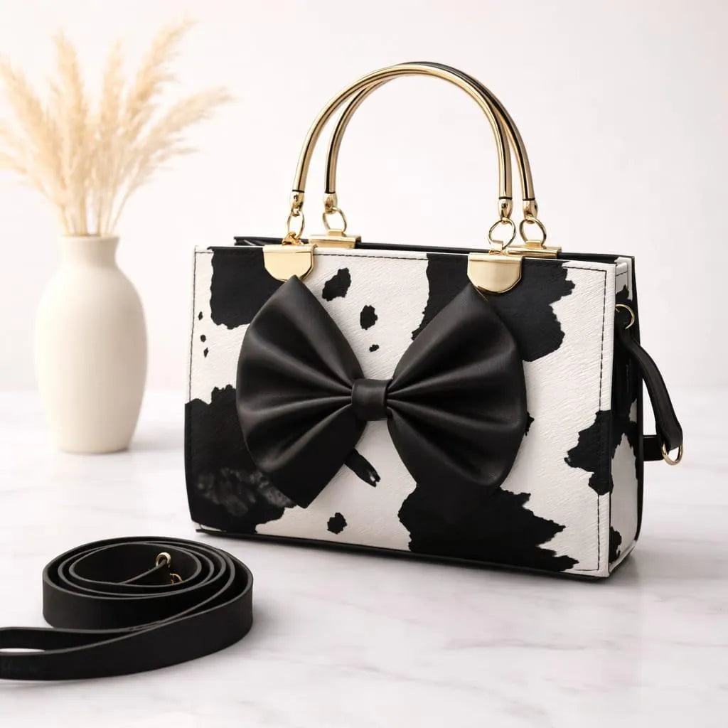 Women's Black Bow Leather Handbag Top Handle 8x11