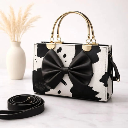 Women's Black Bow Leather Handbag Top Handle 8x11