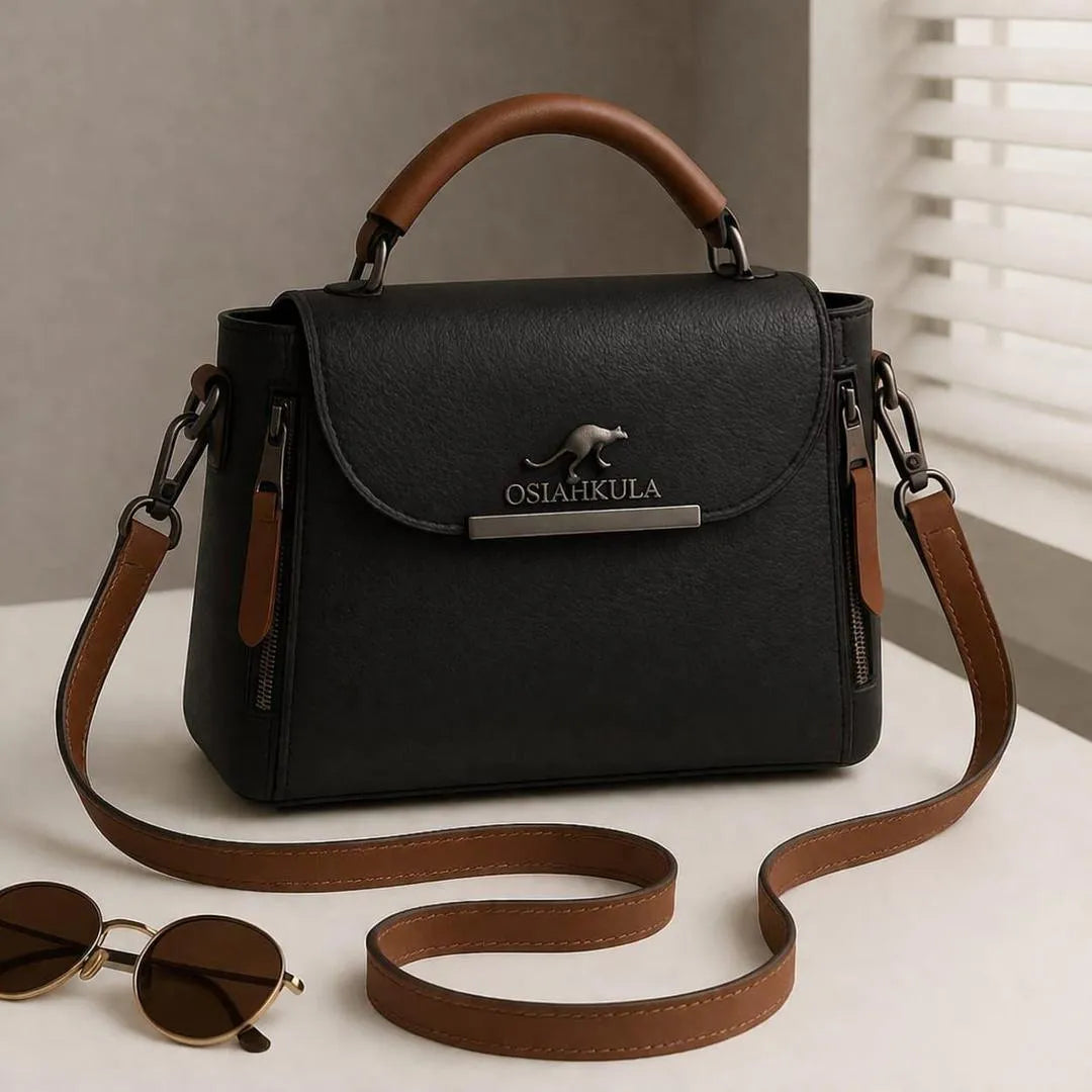 Women's Black Leather Shoulder Bag with Top Handle