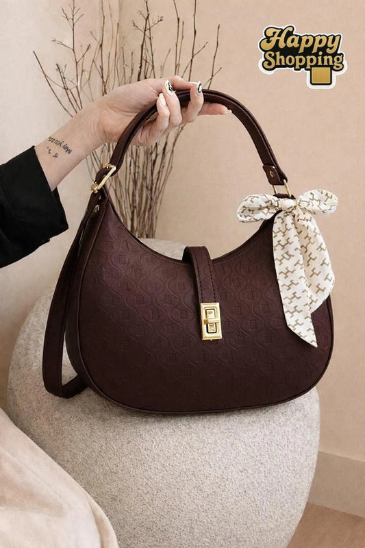 Brown Textured Shoulder Bag for Women with Bow Detail