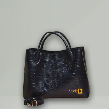 Black Croc Printed Handbag for Women PU Leather Detachable Strap