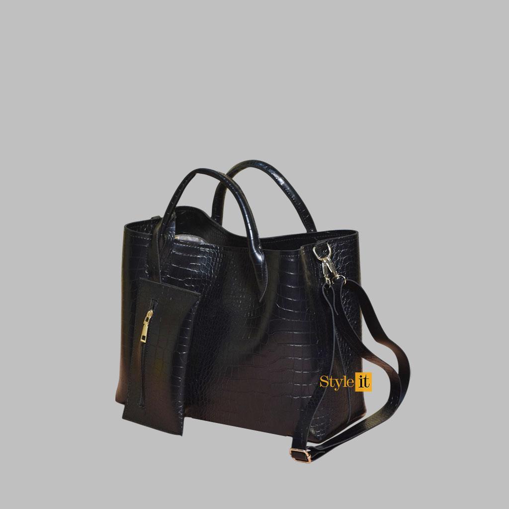 Black Croc Printed Handbag for Women PU Leather Detachable Strap