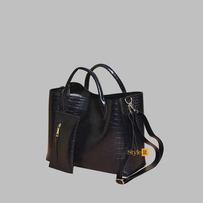 Black Croc Printed Handbag for Women PU Leather Detachable Strap
