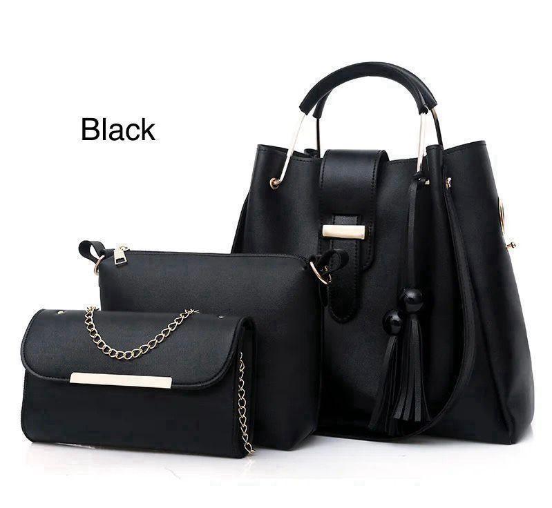 Stylish Girl's Leather Handbag Set 3 Pcs Black
