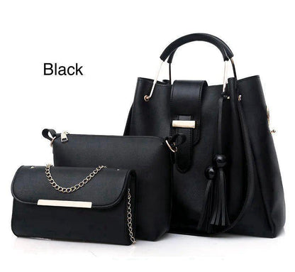 Stylish Girl's Leather Handbag Set 3 Pcs Black